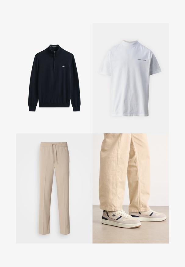 Marineblå sweater med høj krave og halv lynlås. Ribstrikkede manchetter og kant. Har en lille hvid logo på brystet. Blødt, strikket stof.; Hvid bomulds t-shirt med høj halsudskæring og korte ærmer. Har "SAMSØE SAMSØE" logo i sort på forsiden. Glat tekstur.; Beige, afslappede bukser lavet af blødt materiale, med elastisk talje og snøre samt lige ben med minimale detaljer.; Beige ruskinds sneakers med teksturerede paneler, mørkeblå accenter og hvide snørebånd. Gummisål med et kontrasterende rødt logo på hælen.