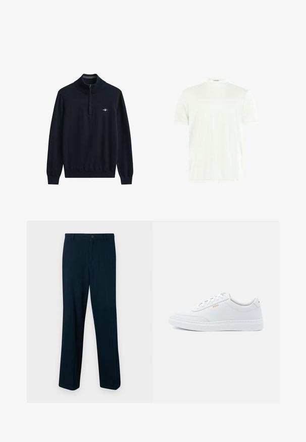 Suéter azul marino con cuello alto y medio cierre. Puños y dobladillo acanalados. Presenta un pequeño logo blanco en el pecho. Tejido suave y de punto.; Camiseta blanca de cuello redondo hecha de tela suave. Mangas cortas, sin estampados. Diseño simple con dobladillo recto y detalles mínimos.; Pantalones azul marino confeccionados en tela suave, con cierre de botón, diseño de pierna recta y detalles mínimos.; Zapatillas de cuero blanco con textura suave, puntera redondeada y costuras tonales. Cuentan con cordones azules y un logo dorado en el lateral.