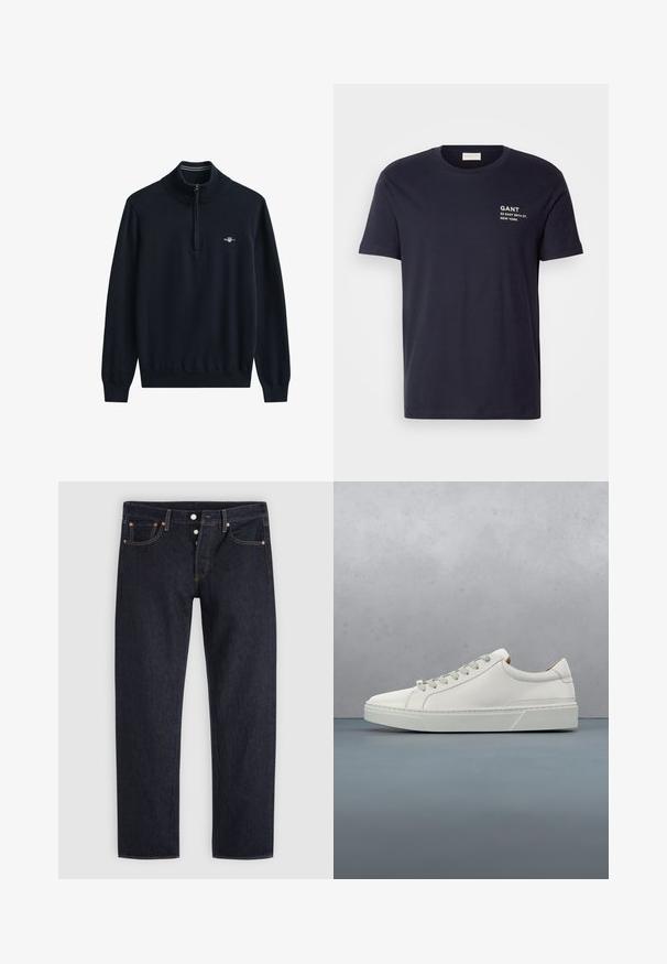 Marineblå sweater med høj krave og halv lynlås. Ribstrikkede manchetter og kant. Har en lille hvid logo på brystet. Blødt, strikket stof.; Mørkeblå bomulds t-shirt med korte ærmer, rund hals og hvid trykt tekst: "GANT 32 EAST 39TH ST. NEW YORK" på brystet.; Mørkeblå straight-leg jeans med knaplukning, for- og baglommer samt kobbernitter på en lysegrå baggrund.; Hvid lædersneaker med rund tå, minimalistisk design, grå snørebånd og en tekstureret grå gummisål. Subtile syningsdetaljer er synlige.