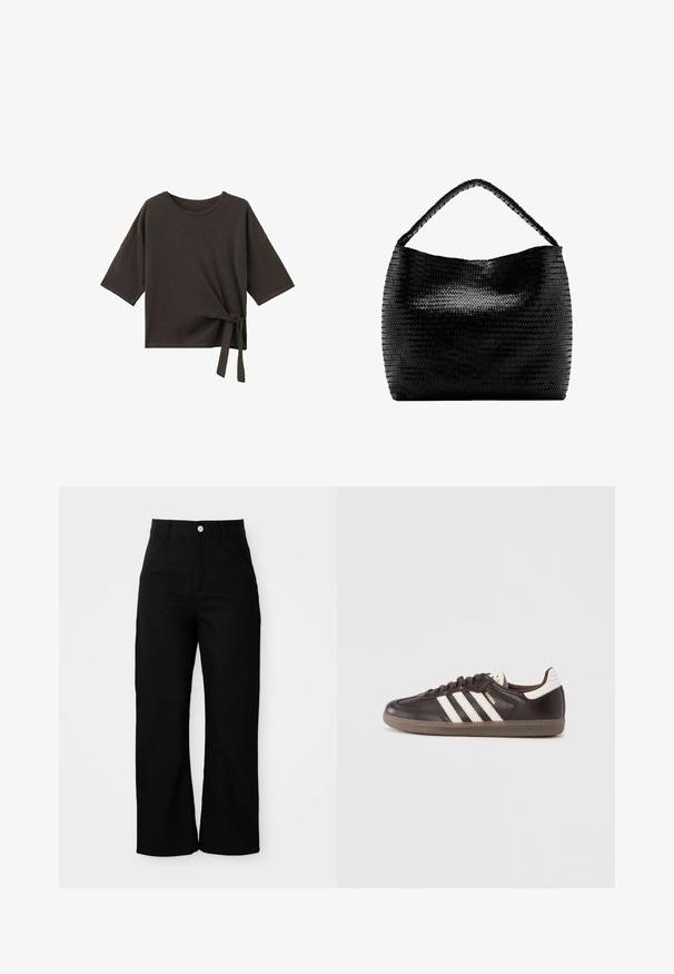 Chemise noire à manches courtes avec un col rond et un détail noué sur le côté en bas de l'ourlet droit.; Pantalons noirs taille haute, coupe droite avec poches avant, passants de ceinture et fermeture à bouton argenté sur un fond blanc.; Baskets en cuir marron foncé avec un design à trois bandes blanches, une semelle en caoutchouc et l'inscription "Samba" en lettres dorées sur le côté. Forme classique basse.; Sac à main tissé noir avec une poignée tressée unique et un corps rectangulaire large et souple sur fond blanc.