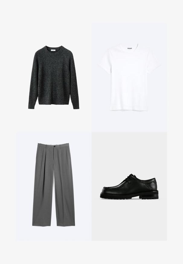 Pull gris foncé côtelé avec manches longues, col rond et coupe décontractée. Fabriqué en tissu texturé. Aucun accessoire visible ni motif.; T-shirt blanc uni à manches courtes et col rond avec une étiquette de la marque WEEKDAY visible au niveau du col, présenté sur un fond clair.; Pantalon formel gris avec jambes droites, plis à l'avant, poches latérales, passants pour ceinture et fermeture devant par bouton et glissière.; Chaussure en cuir noir à lacets avec semelle épaisse en caoutchouc et couture moc toe, vue de profil gauche sur fond clair uni.