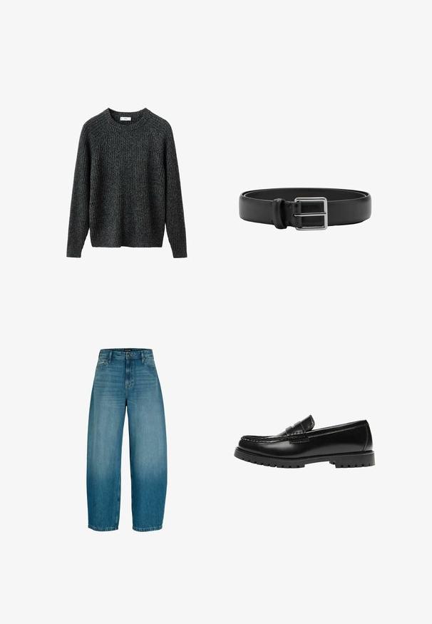 Pull gris foncé côtelé avec manches longues, col rond et coupe décontractée. Fabriqué en tissu texturé. Aucun accessoire visible ni motif.; Jean en denim bleu à jambes larges avec fermeture avant par boutons et zipper, passants pour ceinture et poches latérales, présentant un léger délavage au niveau des cuisses.; Mocassin en cuir noir avec une semelle en caoutchouc épaisse et un détail classique de bride à monnaie, vu de côté extérieur.; Ceinture en cuir noir avec une boucle métallique rectangulaire argentée et une seule boucle pour la fixation.