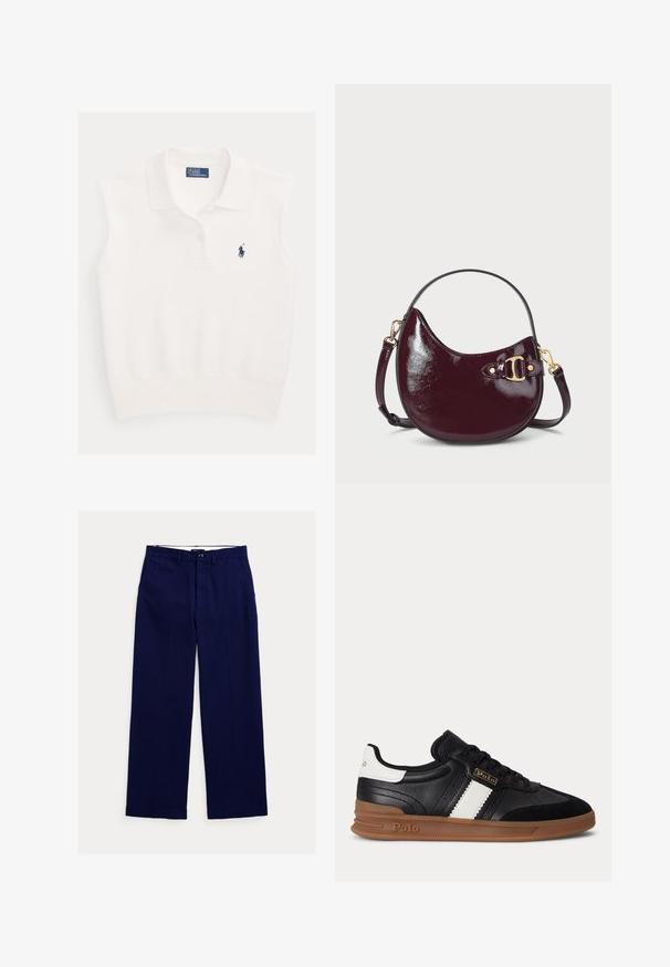 Biele tielkové polo s golierom, dvoma gombíkmi a tmavomodrým logom hráča polo Ralph Lauren na ľavej strane hrudníka.; Námornícka modrá rovná nohavica s pútkami na opasok, predným zapínaním na gombíky a bočnými vreckami na bielom pozadí.; Čierny kožený teniska s bielym pásikom, hnedou gumovou podrážkou a logom Polo na boku a päte, pohľad z vonkajšej strany.; Burgundská lakovaná kabelka s zakriveným tvarom, zlatými kovovými doplnkami a krátkym popruhom. Dekoratívny detail s prackou na boku.