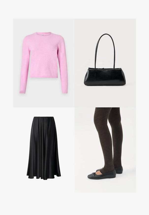 Pull rose à manches longues en maille douce et légère. Comprend un col rond et un ourlet côtelé. Design simple sans motifs ni ornements.; Jupe maxi noire en tissu lisse, dotée d'une taille élastique, d'une silhouette ample et d'un ourlet fluide sans motifs ni détails visibles.; Jambes portant des leggings côtelés foncés associés à des ballerines noires avec de petits détails en nœud sur fond blanc.; Sac à épaule rectangulaire noir avec de longues bretelles fines et une texture lisse et brillante sur un fond uni.