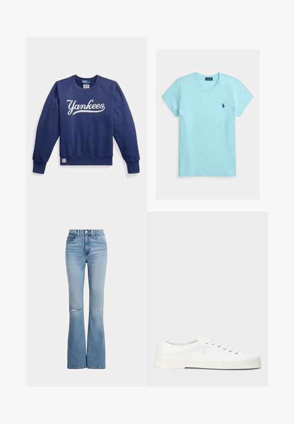 Sweat-shirt bleu marine à manches longues avec "Yankees" écrit en lettres blanches sur la poitrine et un petit écusson Polo Ralph Lauren près de l'ourlet.; T-shirt en coton bleu clair avec col rond et manches courtes. Présente un petit logo polo bleu foncé sur la poitrine gauche. Texture lisse.; Jean évasé taille haute bleu clair avec poches avant, fermeture bouton et zip, et une petite déchirure au niveau du genou gauche.; Sneaker en toile blanche avec un bout rond, fermeture lacée et un détail de logo discret. Caractéristiques d'un tissu texturé et d'une semelle en caoutchouc.