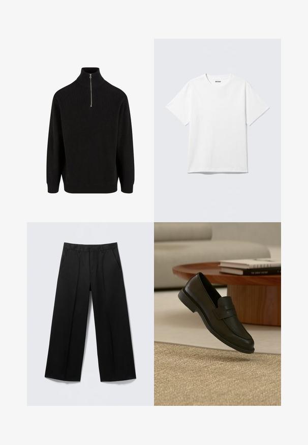 Sort ribbestrikket turtleneck sweater med halv lynlås, lange ærmer og en afslappet pasform. Tekstureret strikstof i ensfarvet.; Hvid kortærmet crewneck T-shirt lagt fladt ud, ensfarvet design, med "WEEKDAY" mærkat inde i kraven på en lys baggrund.; Sorte vidde-bukser med bæltestropper, forlommer og lynlås foran, vist på en lysegrå baggrund.; Sort læderloafer vist i luften over en beige vævet tæppe, med et træbord og stablede bøger i et blødt oplyst stue.