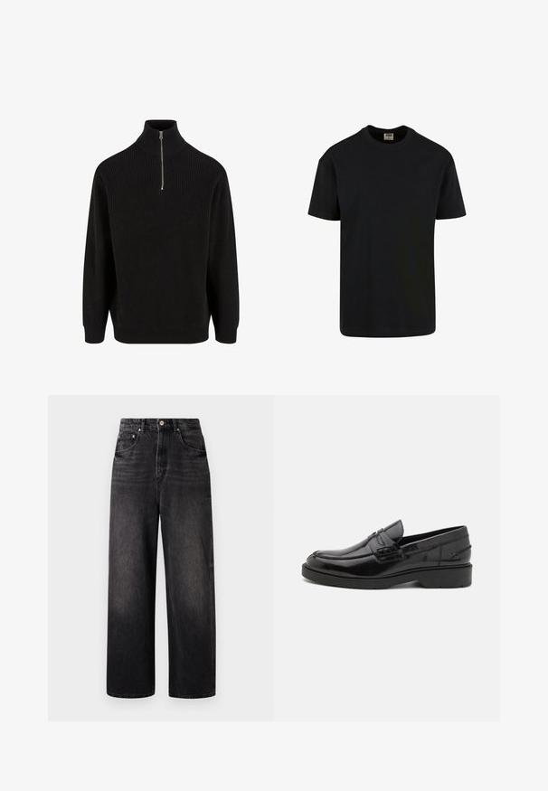 Suéter de cuello alto negro con cierre de media cremallera, mangas largas y un corte relajado. Tejido de punto texturizado en un color sólido.; Urban Classics SHORTSLEEVE - Camiseta básica - black; Jeans de mezclilla negra con un corte holgado, cintura alta, cinco bolsillos y un cierre de botón visible. Presenta un desvanecimiento sutil y un diseño de pierna recta.; Mocasines de cuero negro con un acabado suave, punta redondeada, tacón bajo y costura decorativa en la parte delantera. Suela de goma para mayor agarre.