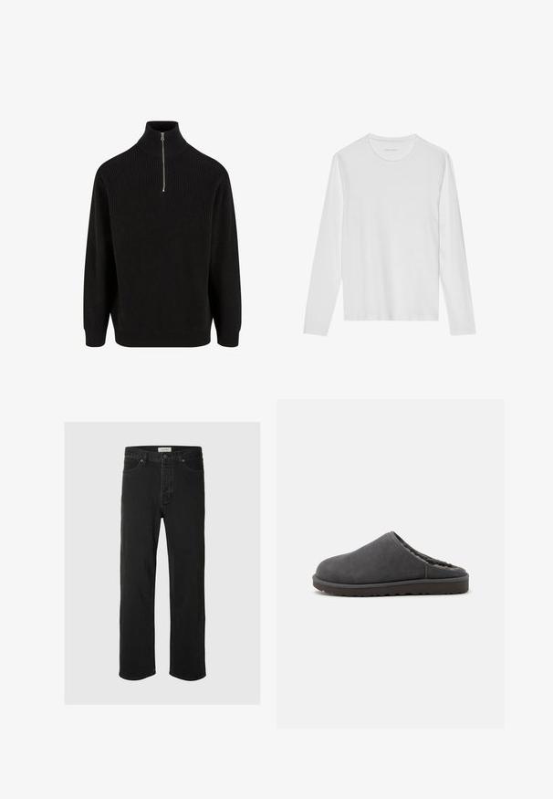 Pull à col roulé noir à côtes avec fermeture éclair mi-hauteur, manches longues et coupe décontractée. Tissu tricoté texturé avec une couleur unie.; T-shirt blanc à manches longues en coton doux, avec un col rond et une texture lisse sans motifs ni accents visibles.; Des jeans en denim noir à coupe droite disposent d'un design classique à cinq poches avec fermeture à bouton, de coutures minimales et d'une texture douce.; Chausson en daim gris foncé à enfiler avec semelle épaisse en caoutchouc et doublure en polaire douce, conçu pour le confort à l'intérieur.