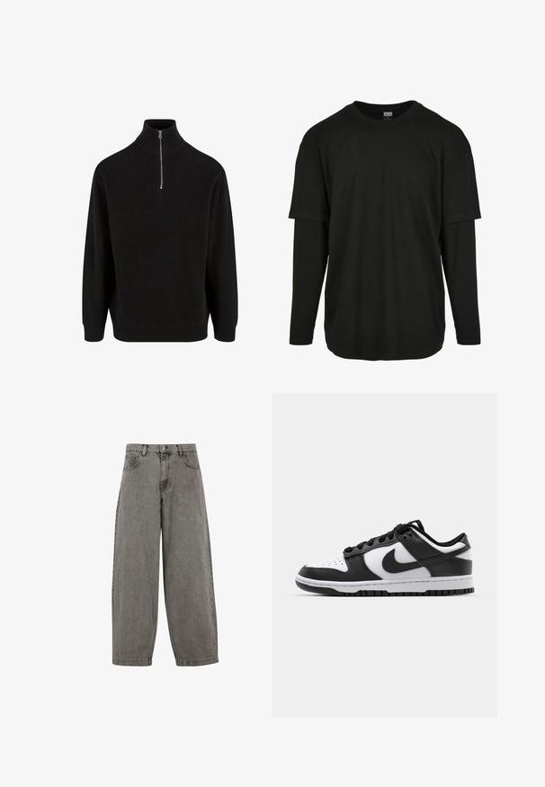 Sort ribbestrikket turtleneck sweater med halv lynlås, lange ærmer og en afslappet pasform. Tekstureret strikstof i ensfarvet.; Urban Classics OVERSIZED SHAPED DOUBLE LAYER LS TEE - Langærmet T-shirt - black/black; Grå denim bukser med høj talje, brede ben, klassisk fem-lomme design og knaplukning foran. Let struktureret finish.; Sort og hvid Nike Dunk sneakers med læderoverdel, perforeret tå, sorte snørebånd og en sort gummisål med slidbanedesign.