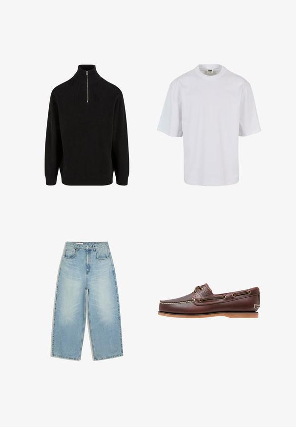 Zwarte geribbelde coltrui met een halve ritssluiting, lange mouwen en een ontspannen pasvorm. Geweven stof met textuur en een effen kleur.; Witte, korte mouw t-shirt van katoen. Beschikt over een ronde hals en een losse pasvorm met een gladde textuur en geen zichtbare patronen of graphics.; Lichtblauwe denim jeans met hoge taille, wijde pijpen, voorzakken, riemlussen en een knoop-ritssluiting.; Bruine leren bootschoen met witte stiksels, veterdetails en beige rubberen zool, zijaanzicht op een witte achtergrond.