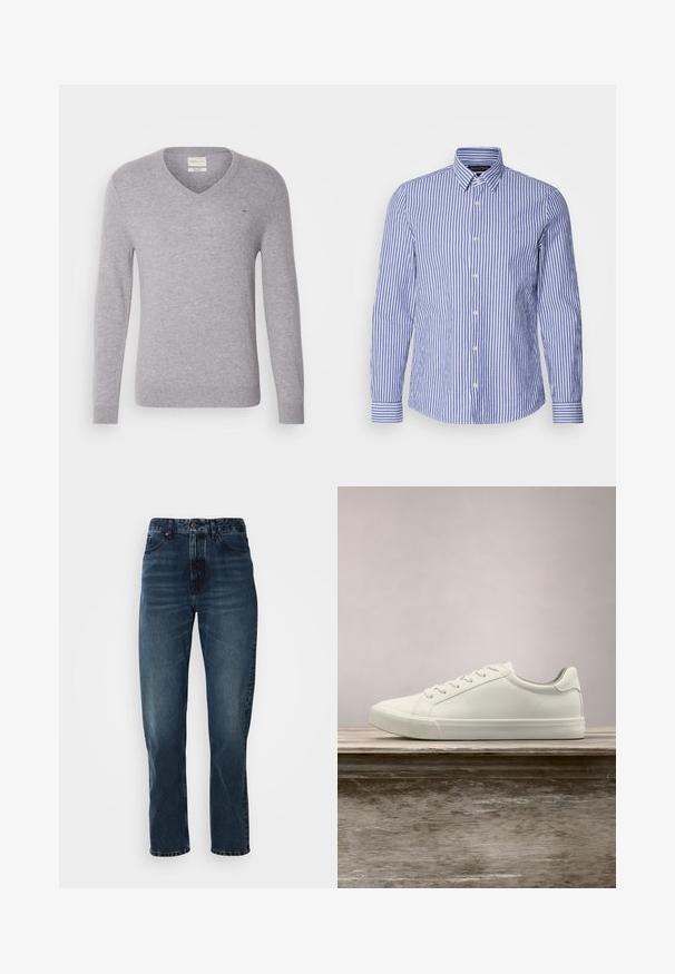 Suéter de lana gris con cuello en V y mangas largas, que presenta un pequeño logo bordado en el pecho y puños y dobladillo acanalados.; Camisa de botones de manga larga a rayas azul y blanca, hecha de algodón tejido, con un cuello clásico y un dobladillo redondeado. Presenta botones perlados.; Jeans de pierna recta azul oscuro con cierre frontal de botón y cremallera, diseño de cinco bolsillos y un ligero desgaste en los muslos y las rodillas.; Zapatilla blanca con cordones flotando sobre un banco de madera con follaje verde al fondo, mostrando el diseño y la textura del zapato.