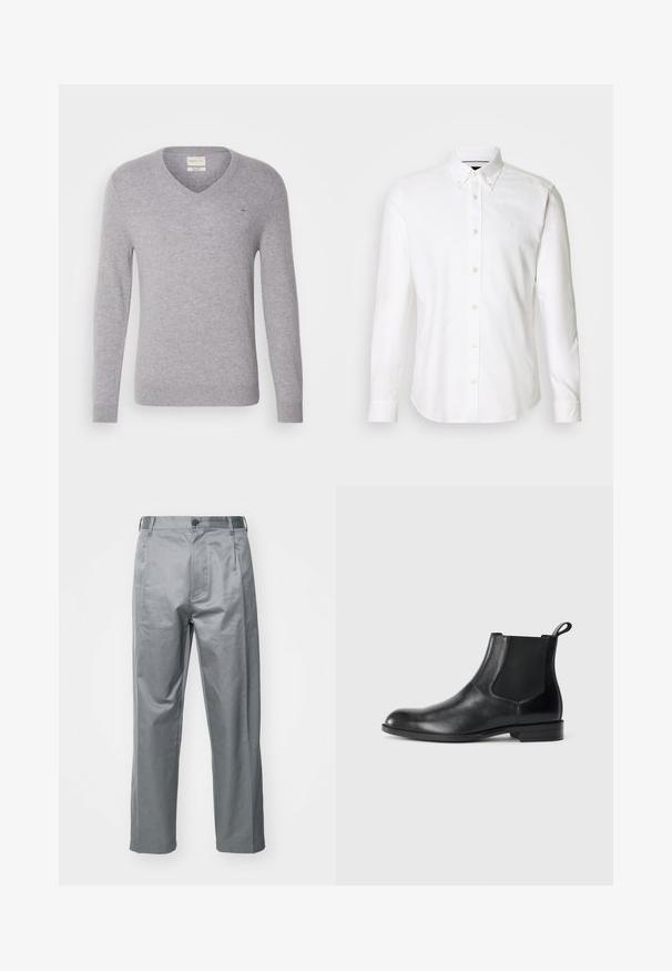 Grå uld V-hals sweater med lange ærmer, forsynet med et lille broderet logo på brystet samt ribbede manchetter og kant.; Hvid langærmet skjorte med knaplukning ved kraven, lavet af glat stof, med et diskret logo på brystet og knaplukning.; Grå bomuldsblandede bukser med lige ben-design, der har en frontknaplukning, bæltestropper og sidelommer.; Sorte læder ankelstøvler med elastiske sidepaneler, rund tå og en trækloft. Glat tekstur, flad sål, minimalistisk design.