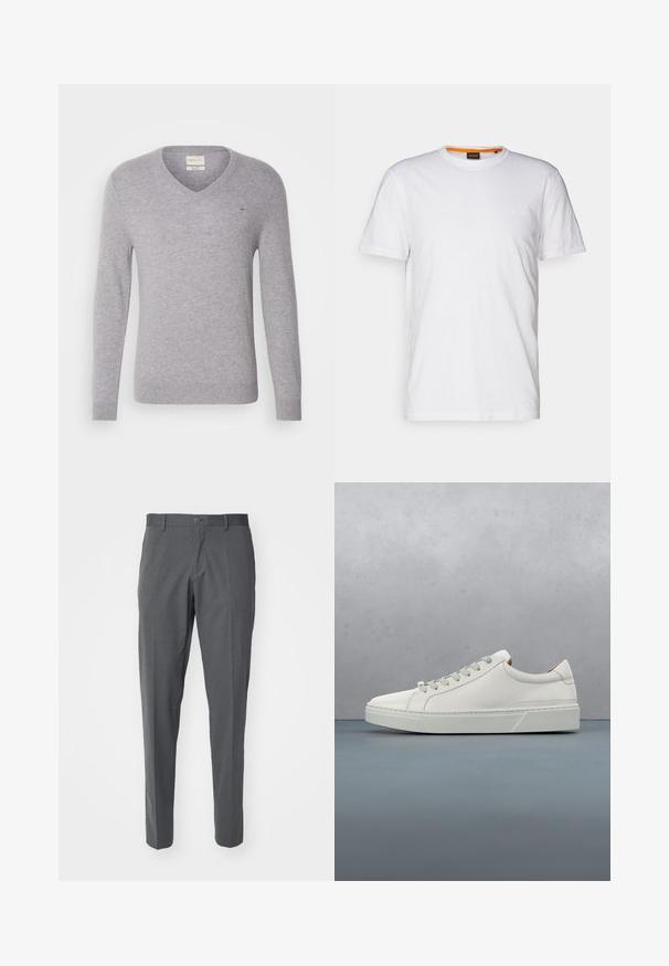 Grå uld V-hals sweater med lange ærmer, forsynet med et lille broderet logo på brystet samt ribbede manchetter og kant.; Hvid bomulds T-shirt med rund hals, korte ærmer og et subtilt præget logo på brystet. Indvendigt mærke har en orange detalje.; Grå bukser lavet af et glat stof, der har en knaplukning, forlommer og en slim fit-design.; Hvid lædersneaker med rund tå, minimalistisk design, grå snørebånd og en tekstureret grå gummisål. Subtile syningsdetaljer er synlige.