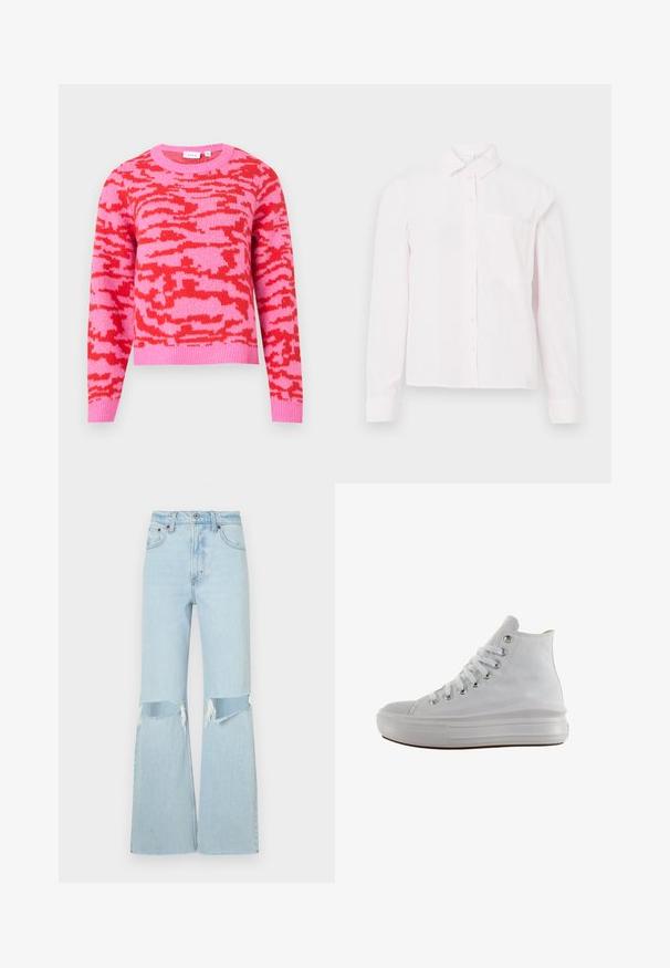 Pull rose avec un motif abstrait rouge, col rond, manches longues et ourlet côtelé. Confectionné en tissu tricoté doux.; Chemise rose pâle à manches longues avec un col et une poche sur la poitrine, présentée sur un fond blanc.; Jean en denim bleu clair, évasé, avec des détails déchirés aux genoux, dotés d'une taille haute et d'un ourlet brut. Coutures renforcées et style classique à cinq poches.; Baskets montantes en toile blanche avec lacets blancs, œillets métalliques, semelle épaisse en caoutchouc et bout texturé, orientées vers la gauche sur fond blanc.