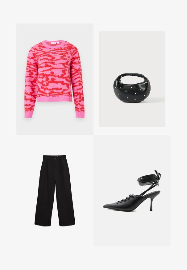 Pull rose avec un motif abstrait rouge, col rond, manches longues et ourlet côtelé. Confectionné en tissu tricoté doux.; Pantalon noir taille haute à jambes larges avec fermeture bouton et zip, passants de ceinture et plis à l'avant.; Chaussure à talon haut noire à bout pointu avec laçage à l'avant et brides enroulées autour de la cheville nouées en nœud, vue de côté sur fond blanc.; Sac à main en cuir noir de forme arrondie, décoré de clous argentés et équipé d'une poignée courte. Texture lisse et fermeture éclair.