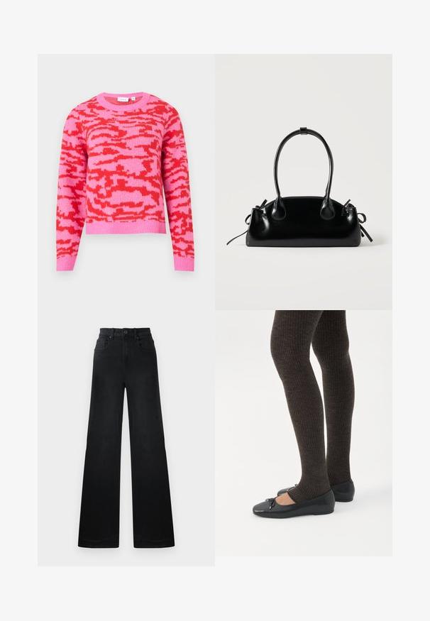 Pull rose avec un motif abstrait rouge, col rond, manches longues et ourlet côtelé. Confectionné en tissu tricoté doux.; Pantalons en denim noir à jambes larges avec une taille ajustée, dotés de passants de ceinture, de poches avant et arrière, et d'une texture lisse.; Jambes portant des leggings côtelés foncés associés à des ballerines noires avec de petits détails en nœud sur fond blanc.; Petit sac à main noir brillant avec deux longues anses et des détails à cordon sur les côtés sur un fond clair uni.