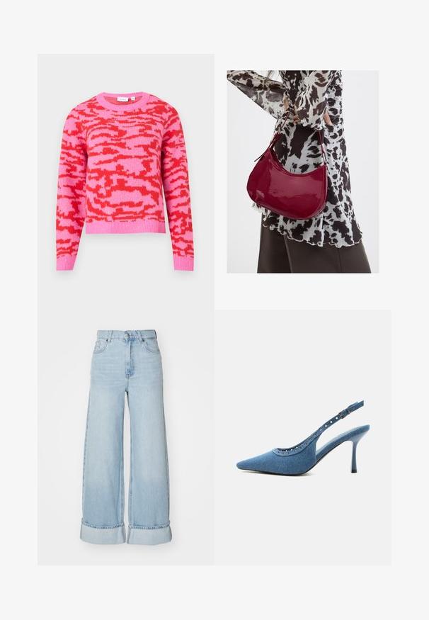 Pull rose avec un motif abstrait rouge, col rond, manches longues et ourlet côtelé. Confectionné en tissu tricoté doux.; Jean large bleu clair à taille haute, avec des revers aux jambes et une texture en denim classique. Comprend des poches avant et une fermeture éclair.; Chaussure à talon haut slingback en denim bleu à bout pointu avec détails œillets argentés et bride réglable à boucle.; Femme portant un chemisier à motif noir et blanc tenant un sac à main rouge brillant sur un fond uni.