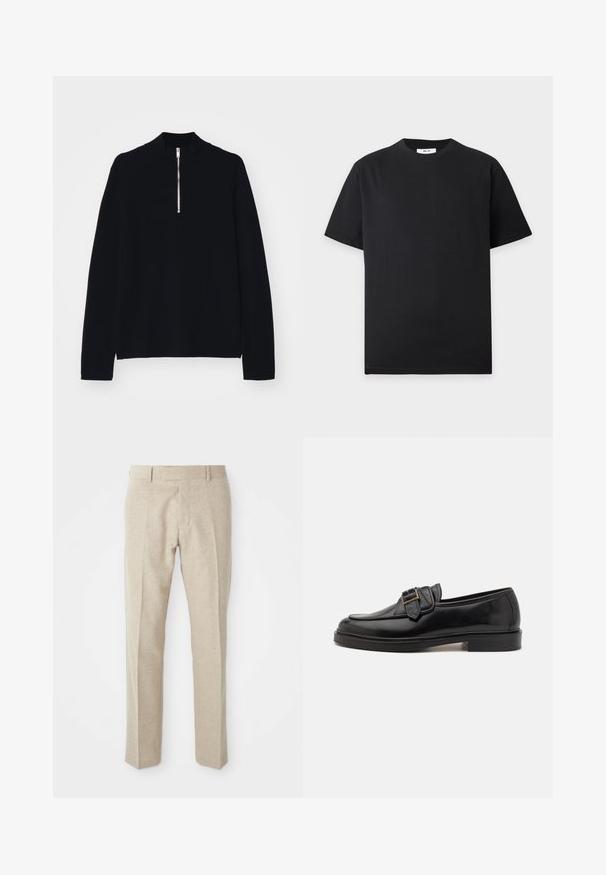 Sort langærmet top lavet af et blødt materiale, med en høj mock-neck og en halv lynlås foran, med en afslappet pasform.; Simpel sort t-shirt med korte ærmer og rund halsudskæring med en lille hvid label inde i kraven på en lys grå baggrund.; Beige skræddersyede bukser lavet af tekstureret stof, med flad front, lige ben og en traditionel talje med bæltesløjfer.; Sorte læder loafers med rund tå og en dekorativ spændeaccent. Flad, solid hæl og glat tekstur hele vejen igennem.