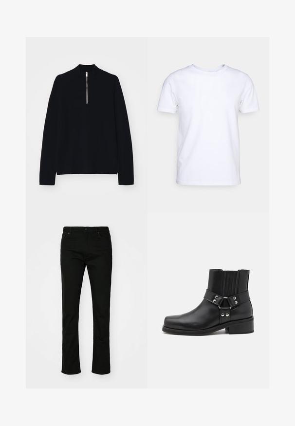 Haut noir à manches longues en matériau doux, avec un col montant et une fermeture éclair mi-haut à l'avant, d'une coupe décontractée.; T-shirt blanc à manches courtes en tissu de coton avec un col rond. Design simple sans motifs ni accents. Texture lisse.; Jean en denim noir avec une coupe droite, style à cinq poches et fermeture à bouton. Texture lisse avec des détails de couture subtils.; The Kooples CHAUSSURES - Bottines de cowboy / motard - black