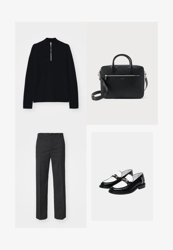 Sort langærmet top lavet af et blødt materiale, med en høj mock-neck og en halv lynlås foran, med en afslappet pasform.; Filippa K TROY TROUSERS - Bukser - black; Par sorte og hvide læder loafers med guldkæde på toppen, sat mod en ensartet lys baggrund.; Sort struktureret rektangulær lædermappe med dobbelthåndtag, lynlåslomme foran og justerbar skulderrem vist på hvid baggrund.