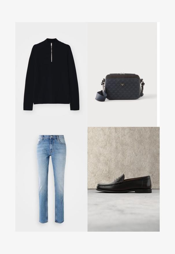 Sort langærmet top lavet af et blødt materiale, med en høj mock-neck og en halv lynlås foran, med en afslappet pasform.; Lyseblå denimjeans med lige ben, der har et klassisk fem-lomme design og sølvfarvet hardware ved taljen.; Sort læder penny loafer med lav hæl, rundet tå og syningsdetaljer langs fronten og siderne, vist på neutral baggrund.; Rektangulær mørkeblå crossbody-taske med justerbar rem, lynlåslukning og diskret logomønster på frontpanelet.