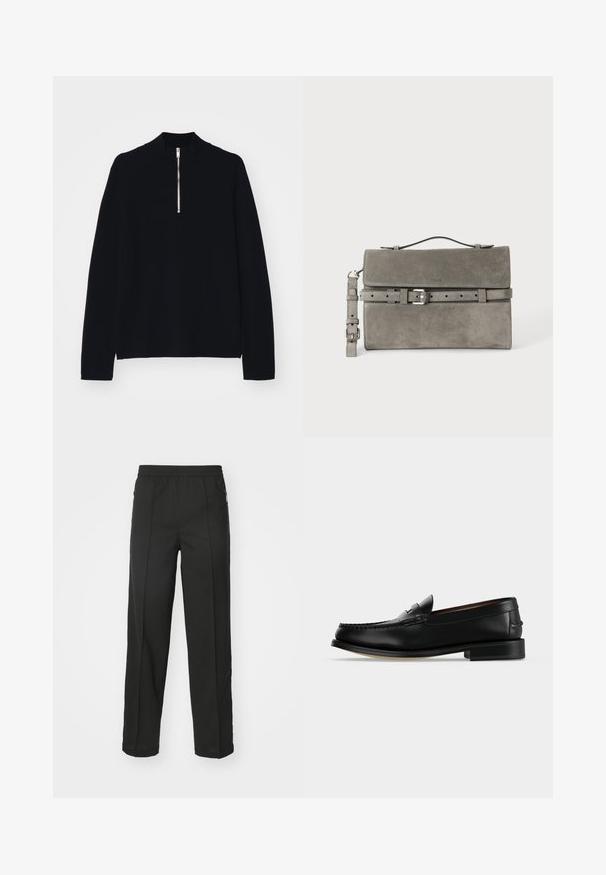 Haut noir à manches longues en matériau doux, avec un col montant et une fermeture éclair mi-haut à l'avant, d'une coupe décontractée.; Pantalons noirs en tissu extensible, à coupe droite, avec poches zippées sur les côtés et texture lisse sans motifs visibles.; Mocassin homme en cuir noir avec un petit talon et une couture de style mocassin sur l'avant, vu de côté sur un fond uni.; Pochette rectangulaire en daim gris avec poignée supérieure, bandoulière détachable et détail de ceinture à boucle argentée sur le rabat avant.