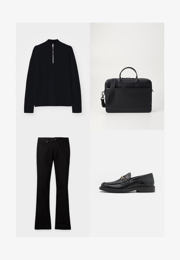 Sort langærmet top lavet af et blødt materiale, med en høj mock-neck og en halv lynlås foran, med en afslappet pasform.; Sorte bukser med bootcut, foran med knap- og lynlåslukning, bæltestropper og fem-lomme-design, vist på en ensartet lys baggrund.; Sorte læder loafers med en rund tå, der har guld hardware accent og syningsdetaljer, placeret på en lav, tekstureret gummisål.; Sort lædermappe med dobbelte håndtag og justerbar skulderrem. Har et slankt design, glat tekstur og minimalistiske accenter.