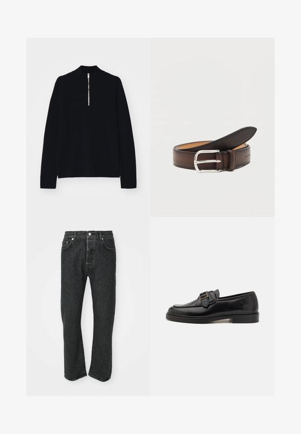 Sort langærmet top lavet af et blødt materiale, med en høj mock-neck og en halv lynlås foran, med en afslappet pasform.; Sorte lige bukser i denim med frontknap og lynlås, front- og baglommer synlige på en hvid baggrund.; Sorte læder loafers med rund tå og en dekorativ spændeaccent. Flad, solid hæl og glat tekstur hele vejen igennem.; Mørkebrun læderbælte rullet sammen med sølv rektangulært spænde på hvid baggrund.