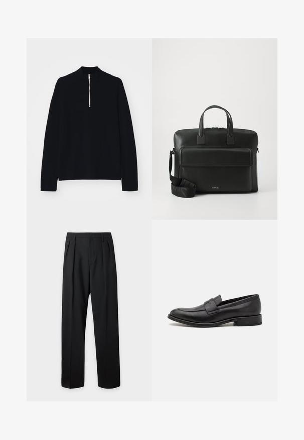 Sort langærmet top lavet af et blødt materiale, med en høj mock-neck og en halv lynlås foran, med en afslappet pasform.; Sorte skræddersyede bukser med høj talje, bæltestropper, frontfolder, knaplukning og lige vide ben på en lys baggrund.; Sort læderloafer med en glat finish, en dekorativ rem over vristen, rund tå og en lav stablet hæl.; Sort læder arbejdstaske med dobbelte top-håndtag, en lomme foran og en aftagelig rem, der har subtil branding i bunden.
