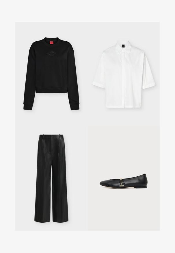 Sweat-shirt noir à manches longues col rond avec logo embossé subtil sur la poitrine et étiquette rouge à l’intérieur du col.; Chemise blanche à manches courtes avec col et patte de boutonnage dissimulée, avec une étiquette de marque noire "BOSS" à l'intérieur du col.; Pantalon noir à jambes larges en simili cuir, taille haute et détail de ceinture sur le côté, sur fond gris clair.; Chaussure plate en cuir noir avec bout arrondi et petit détail de boucle dorée sur le côté, présentée sur un fond clair uni.