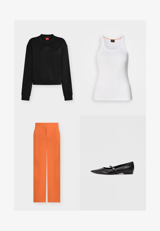 Sweat-shirt noir à manches longues col rond avec logo embossé subtil sur la poitrine et étiquette rouge à l’intérieur du col.; Débardeur blanc côtelé avec un col rond, présentant un design à bretelles étroites et un accent orange le long de l'intérieur du col. Logo de la marque affiché.; Pantalon droit taille haute orange vif uni avec une fermeture dissimulée à l’avant sur un fond clair uni.; Ballerines en cuir verni noir avec un bout pointu, une bride de cheville et un matériel décoratif. Texture lisse et design à talon bas.