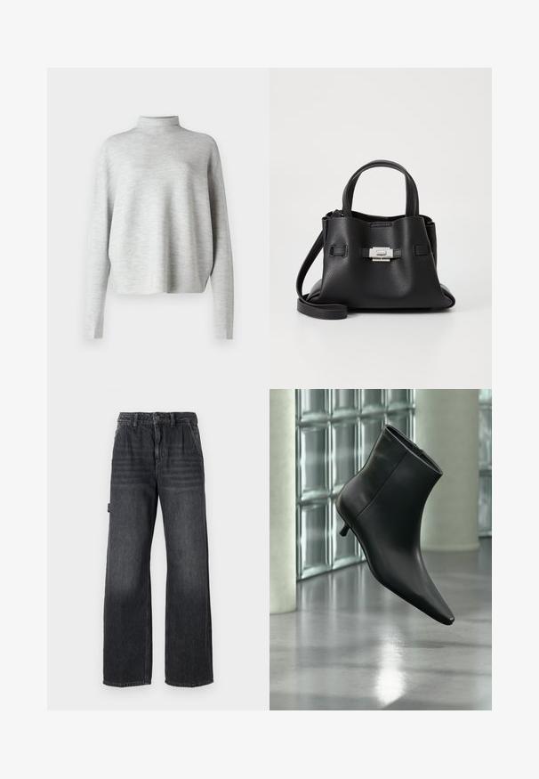 Lys grå turtleneck sweater, lavet af blødt stof, med lange ærmer og en afslappet pasform, med en glat, fin struktur.; Bredde bukser i mørkegrå denim med høj talje, forlommer og diskret slidmærker på lårene. Kontrastsyning.; Sort læderankelstøvle med spids tå og lav kitten-hæ, vist vinklet mod en poleret gulv- og glasblokvæg.; Sort læderhåndtaske med en tekstureret overflade, der har to bærehåndtag, en aftagelig skulderrem og en detalje med sølvspænde.