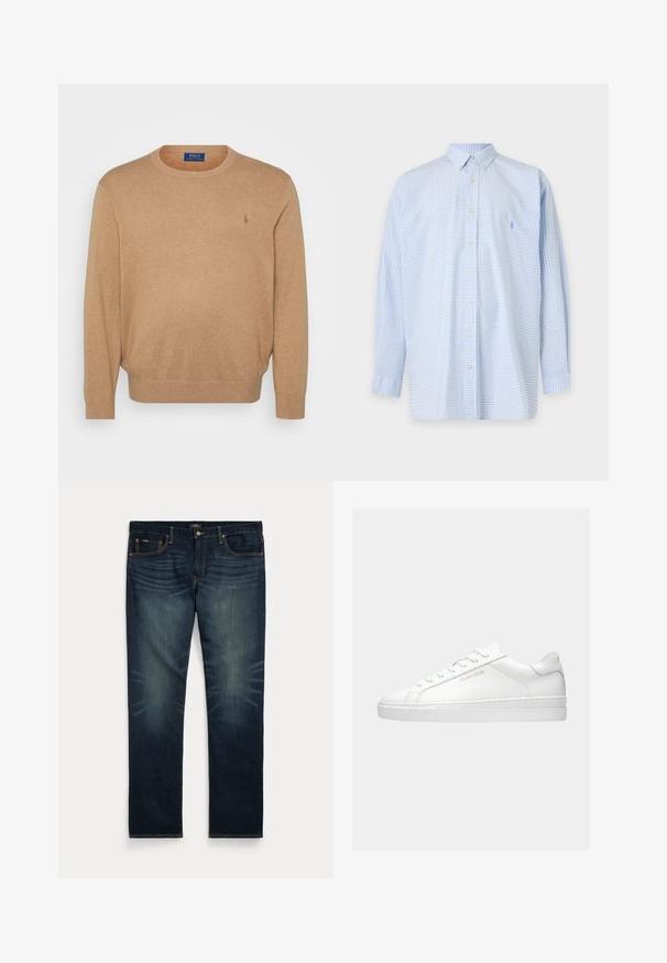 Beige crewneck sweater lavet af blødt stof, med ribkant ved halsen og ærmerne, samt et lille broderet logo på brystet.; Lyseblå langærmet skjorte med småternet mønster og spidst krave på ensfarvet baggrund.; Mørkeblå denimjeans med subtil falming på forreste lår og orange syninger, med knap- og lynlåslukning samt fem lommer.; Hvid lavtop sneaker med snørebånd, minimalistisk design og "Filling Pieces" branding i guld på siden mod en ensfarvet baggrund.