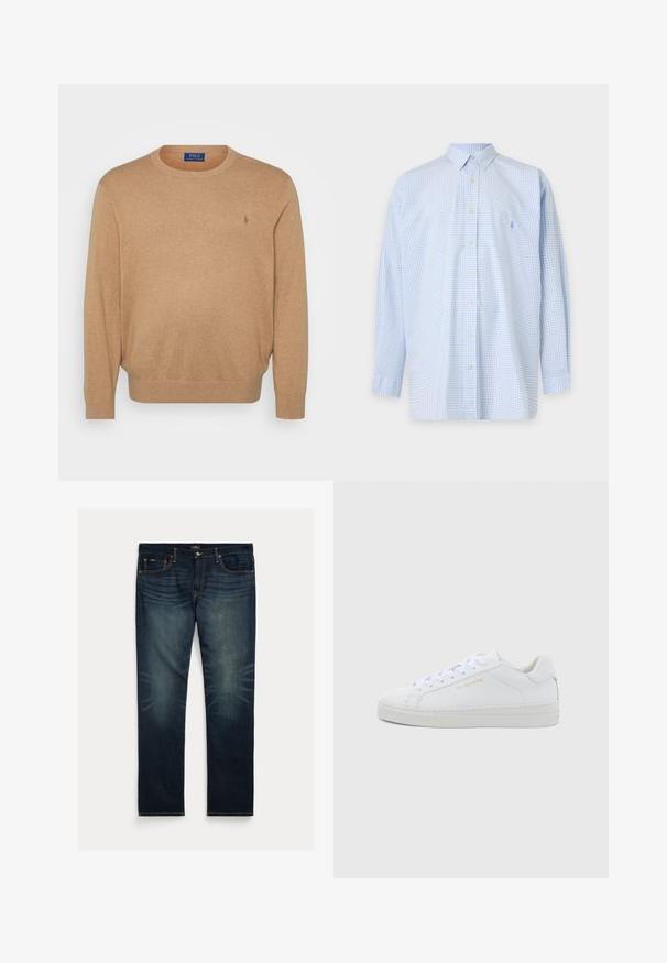 Beige crewneck sweater lavet af blødt stof, med ribkant ved halsen og ærmerne, samt et lille broderet logo på brystet.; Lyseblå langærmet skjorte med småternet mønster og spidst krave på ensfarvet baggrund.; Mørkeblå denimjeans med lige ben, subtil falmning nær knæene og orange syninger på lommer og sømme.; Hvide sneakers i lav model og læder med rund snude, flade snørebånd, tekstureret sål og diskret guldfarvet logo på siden. Glat overflade og minimalistisk design.
