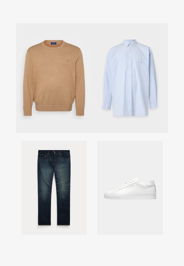 Beige crewneck sweater lavet af blødt stof, med ribkant ved halsen og ærmerne, samt et lille broderet logo på brystet.; Lyseblå langærmet skjorte med småternet mønster og spidst krave på ensfarvet baggrund.; Mørkeblå denimjeans med lige ben, subtil falmning nær knæene og orange syninger på lommer og sømme.; Hvid lavtop sneaker med snørebånd, minimalistisk design og "Filling Pieces" branding i guld på siden mod en ensfarvet baggrund.