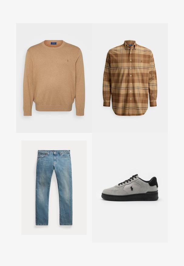 Beige crewneck sweater lavet af blødt stof, med ribkant ved halsen og ærmerne, samt et lille broderet logo på brystet.; Brun ternet skjorte med en knaplukket krave, der har forskellige nuancer af brun og tan. Indeholder knapper og et logo på brystet. Fremstillet i bomuld.; Lyseblå denimjeans med lige snit, knaplynlås, fem lommer, diskret slid og syninger som detalje.; Grå ruskinds-sneakers med sorte detaljer, der har et tekstureret stofpanel på siden, rund tå og sort gummisål. Logo broderet på siden.