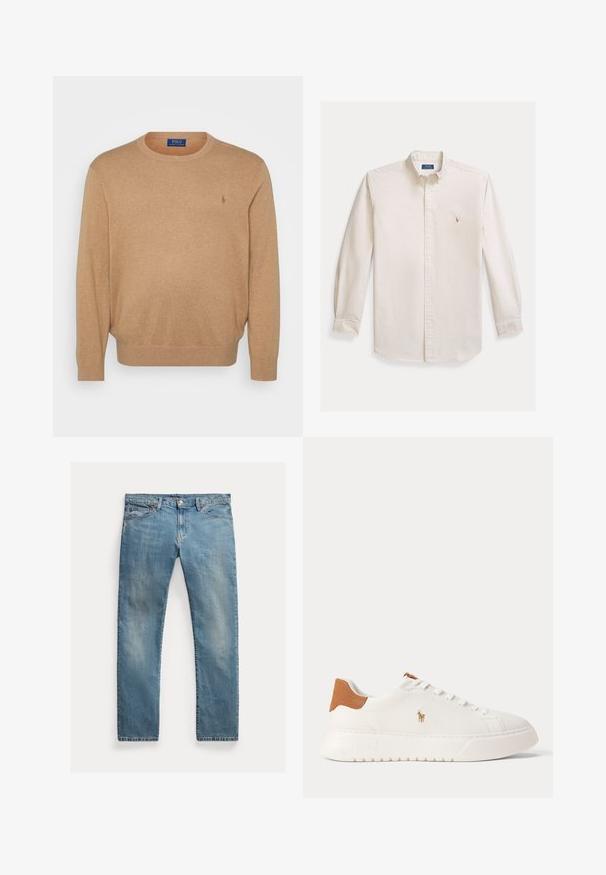 Beige crewneck sweater lavet af blødt stof, med ribkant ved halsen og ærmerne, samt et lille broderet logo på brystet.; Langærmet, knappet skjorte i cremefarvet bomuldsstof. Har en spredt krave og en lille broderet logo på brystet. Klassisk pasform.; Lyseblå denimjeans med lige snit, knaplynlås, fem lommer, diskret slid og syninger som detalje.; Hvid lavtop sneaker med tan hælfane, hvide snørebånd og lille broderet polo-spiller logo på siden over en tyk sål.