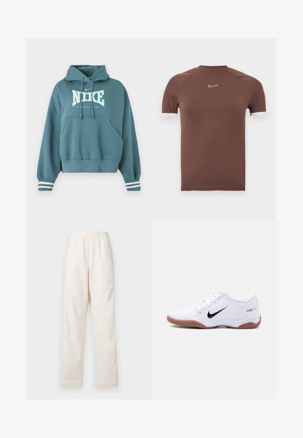 Κουκούλα Nike σε τιρκουάζ με μπροστινή τσέπη, κουκούλα με κορδόνι, λευκό λογότυπο "NIKE ATHLETIC DEPT." και λευκές ρίγες στις μανσέτες των μανικιών.; Καφέ κοντομάνικο πουκάμισο από απαλό ύφασμα με ψηλό λαιμό και λευκές λεπτομέρειες στις μανσέτες, με μικρό λογότυπο στο στήθος.; Φαρδιά κρεμ παντελόνια με ελαστική μέση και ίσια γραμμή, παρουσιάζονται σε απλό λευκό φόντο.; Άσπρο παπούτσι ποδοσφαίρου Nike Total 90 III για εσωτερικούς χώρους με μαύρο λογότυπο Swoosh και καφέ σόλα, εμφανιζόμενο από το πλάι σε απλό φόντο.