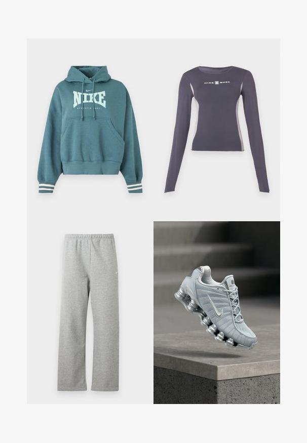 Κουκούλα Nike σε τιρκουάζ με μπροστινή τσέπη, κουκούλα με κορδόνι, λευκό λογότυπο "NIKE ATHLETIC DEPT." και λευκές ρίγες στις μανσέτες των μανικιών.; Σκοτεινό γκρι αθλητικό μπλουζάκι με μακριά μανίκια και εφαρμοστή γραμμή, με ανοιχτό γκρι πλαϊνές ρίγες και λευκό λογότυπο "Nike Shox" στο στήθος.; Ανοιχτό γκρι φόρμα με ελαστική μέση και μικρό λευκό λογότυπο Nike στο πάνω μέρος του μηρού, εμφανίζεται επίπεδη σε λευκό φόντο.; Ανοιχτό γκρι παπούτσι τρεξίματος Nike με μαλακή, ελατηριώδη σόλα που αιωρείται πάνω από μια τσιμεντένια ακμή, φόντο με θολή σκάλα.
