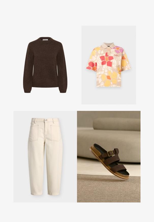 Brun strikket sweater med rund halsudskæring, lange ærmer og en blød tekstur, der har et enkelt design uden mønstre eller udsmykninger.; Kortærmet polo-shirt med beige krave og flerfarvet mosaikmønster i rød, orange, gul og lilla, med logo-broderi på brystet.; Beige bukser med høj talje, forlommer med lap, bæltestropper, knaplukning og lige bensnit.; Brun sandal med to remme, gyldent spænde og korksål, svævende over beige tæppe og en matchende beige sofa i baggrunden.