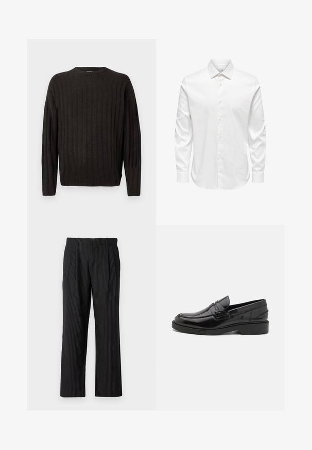 Pull en tricot gris foncé avec col rond, présentant une texture côtelée verticale et des manches longues, offrant une coupe décontractée.; Chemise blanche pour homme à manches longues avec col pointu et rangée avant de boutons blancs sur fond uni.; Jack & Jones JPSTBILL JJDAYTONA WIDE CHINO - Chino - black; Mocassins en cuir noir avec une finition lisse, un bout rond, un petit talon et descoutures décoratives à l'avant. Semelle en caoutchouc pour l'adhérence.