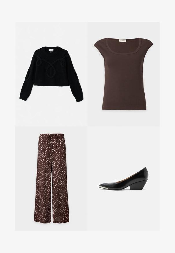 Pull en tricot noir avec un design court, un tissu texturé et des accents tressés sur le devant et les manches.; Top côtelé marron foncé à manches courtes et encolure arrondie avec une petite étiquette en tissu au niveau du col sur fond blanc.; Pantalon marron à jambes larges avec des pois blancs irréguliers et une taille à cordon, présenté à plat sur fond blanc.; Chaussure femme noire à talon bas avec bout pointu, bride transparente et détail blanc sur l'avant de la semelle, vue de profil sur fond blanc.