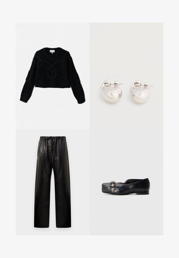 Pull en tricot noir avec un design court, un tissu texturé et des accents tressés sur le devant et les manches.; Pantalons en cuir noir avec une coupe décontractée, taille élastique et cordon de serrage. Présente une texture lisse et un design à jambes larges.; Chaussure plate en cuir noir avec un bout carré, sangle élastique et ornement métallique à l'avant, présentant une texture lisse et un talon minimal.; Paire de boucles d'oreilles argentées brillantes et épaisses avec fermoirs à tige, sur fond blanc uni.