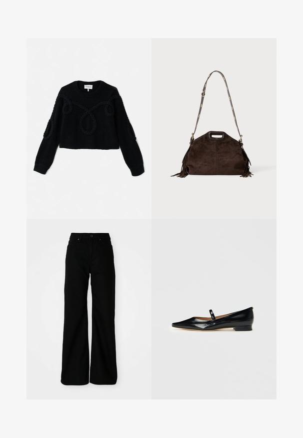 Pull en tricot noir avec un design court, un tissu texturé et des accents tressés sur le devant et les manches.; Pantalons larges noirs en denim. Présentent une taille ajustée, des poches avant et une fermeture à bouton. Texture lisse avec un minimum de détails.; Chaussure plate Mary Jane en cuir verni noir, à bout pointu, avec une seule sangle et un petit talon sur fond uni.; Sac à main en daim marron foncé avec poignée supérieure découpée, bandoulière réglable avec accents dorés et pampilles à franges sur les côtés.
