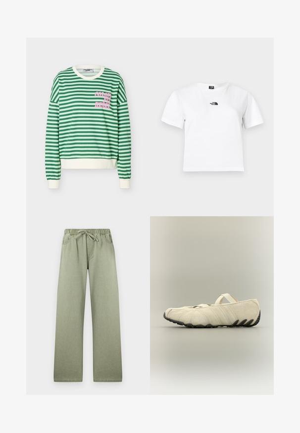 Sweat-shirt à manches longues à rayures horizontales vertes et blanches, avec bordure blanche et texte rose "COLOURFUL REBEL" sur la poitrine.; T-shirt en coton blanc à manches courtes, col rond, avec un logo noir The North Face sur la poitrine. Design simple et épuré.; Pantalon vert clair à jambes larges avec taille élastique et cordon de serrage, poches avant et détails de couture subtils.; Chaussure beige en tissu doux, modèle slip-on avec une fine bande élastique et une semelle noire texturée, vue de côté sur un fond neutre.