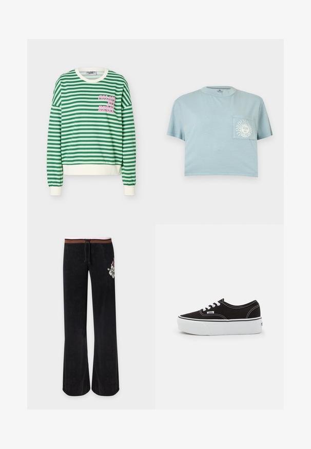 Sweat-shirt à manches longues à rayures horizontales vertes et blanches, avec bordure blanche et texte rose "COLOURFUL REBEL" sur la poitrine.; T-shirt bleu clair raccourci à manches courtes avec une poche poitrine ornée d'un graphique blanc représentant un soleil et un visage avec le texte "VOLCOM".; Pantalon noir à jambes larges avec une ceinture rayée marron et rose, cordon de serrage et broderie florale blanche sur la hanche droite.; Baskets en toile noires avec une semelle en caoutchouc blanc, dotées de lacets et de coutures blanches, marquage emblématique sur le côté, design basse.