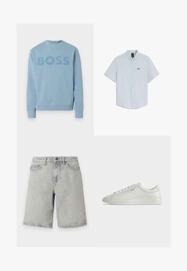 Sweat-shirt bleu clair à col rond avec manches longues et le mot "BOSS" imprimé sur la poitrine dans une teinte légèrement plus foncée.; Chemise à manches courtes bleu clair avec col, dotée d'un petit logo noir "BOSS" sur le côté gauche de la poitrine.; Shorts en jean gris clair avec fermeture par bouton et fermeture éclair, passants pour ceinture et poches avant, présentés sur un fond blanc.; Baskets basses blanches en cuir avec lacets, semelle plate et petit logo doré "BOSS" sur le côté, vues de l'extérieur.