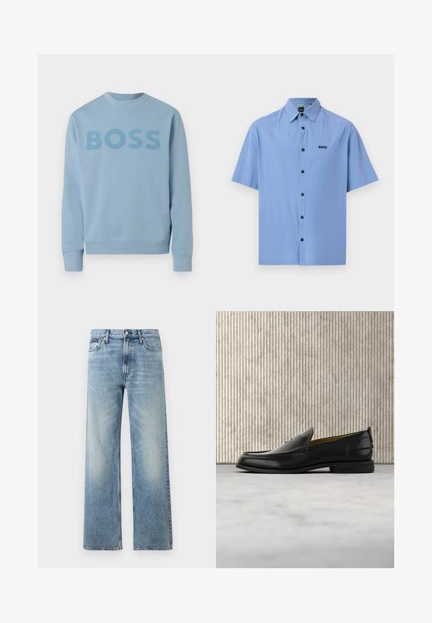 Sweat-shirt bleu clair à col rond avec manches longues et le mot "BOSS" imprimé sur la poitrine dans une teinte légèrement plus foncée.; Chemise à manches courtes bleu clair avec col pointu et boutons noirs, présentant un petit logo "BOSS" noir sur la poitrine gauche.; Jean droit en denim bleu clair avec taille haute, cinq poches, fermeture à boutons et léger délavage sur les cuisses et les genoux.; Mocassin pour homme en cuir noir avec un dessus embossé effet croco et un petit talon, présenté de profil sur un fond neutre.