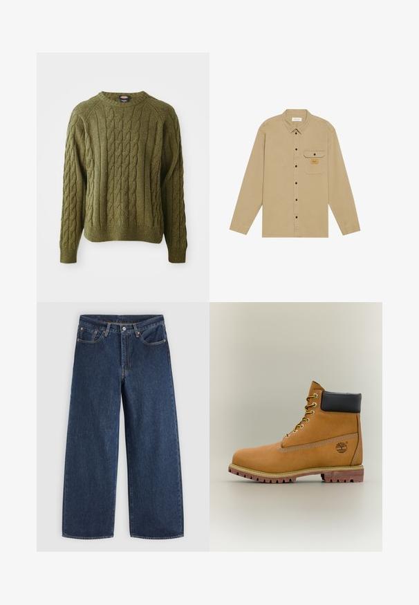 Grøn kabelstrikket sweater med rund hals, tekstureret mønster, ribbestrikkede manchetter og kant, med farveklatter i hele stoffet.; Beige langærmet skjorte lavet af bomuld, med krave der kan knaptes, sorte knapper, en brystlomme og et mærketik på lommen.; Mørkeblå vidde jeans med forlommer, knaplukning og bæltestropper, lagt fladt på en lys baggrund.; Brun læderankelstøvle med sort krave, gule snørebånd og tanfarvet sål. Har logo og hvide syninger som detalje. Robust ydersål med greb.