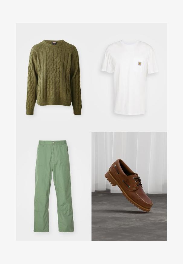 Grüner Kabelstrickpullover mit Rundhals, strukturiertem Muster, Rippbündchen und Saum, der Farbkleckse im gesamten Stoff aufweist.; Weißes Baumwoll-T-Shirt mit kurzen Ärmeln, einer Brusttasche und einem kleinen quadratischen Logopatch in Orange und Weiß auf der Tasche.; Hellgrüne, lässige Hose mit glatter Textur, ausgestattet mit Seitentaschen und sichtbaren Nähten. Vollständig lang mit geradem Bein.; Brauner Leder-Bootsschuh mit schwarzen Schnürsenkeln, beigen Nähten und einer robusten Sohle, schwebt über einem grauen Betonboden.